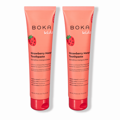 Two tubes of Strawberry Mango n-Ha Toothpaste to remineralize kids teeth.