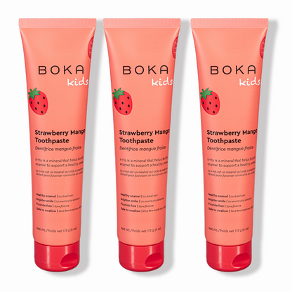 Three tubes of Strawberry Mango n-Ha Toothpaste to help remineralize teeth.