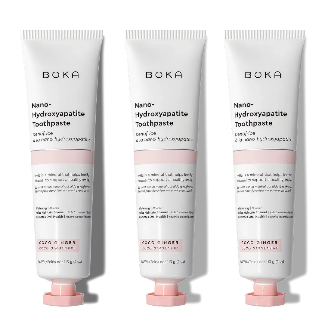 Three n-Ha Toothpaste 3-Pack tubes in Coco Ginger flavor stand upright side by side.