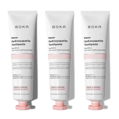 Three n-Ha Toothpaste 3-Pack tubes in Coco Ginger flavor stand upright side by side.