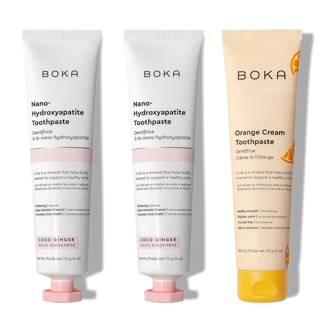 Boka n-Ha Toothpaste 3-Pack: two nano-hydroxyapatite, one Orange Cream Kids.