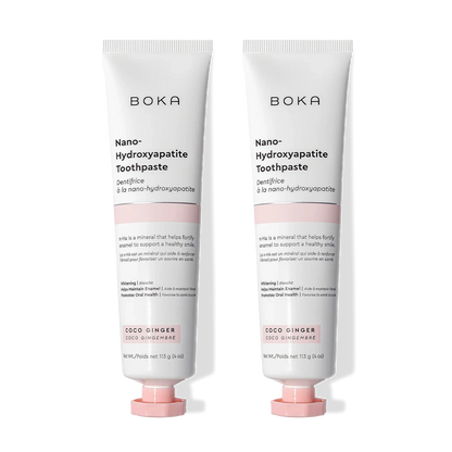 Two tubes of n-Ha Toothpaste 2-Pack in Coco Ginger flavor, great for tooth remineralization.