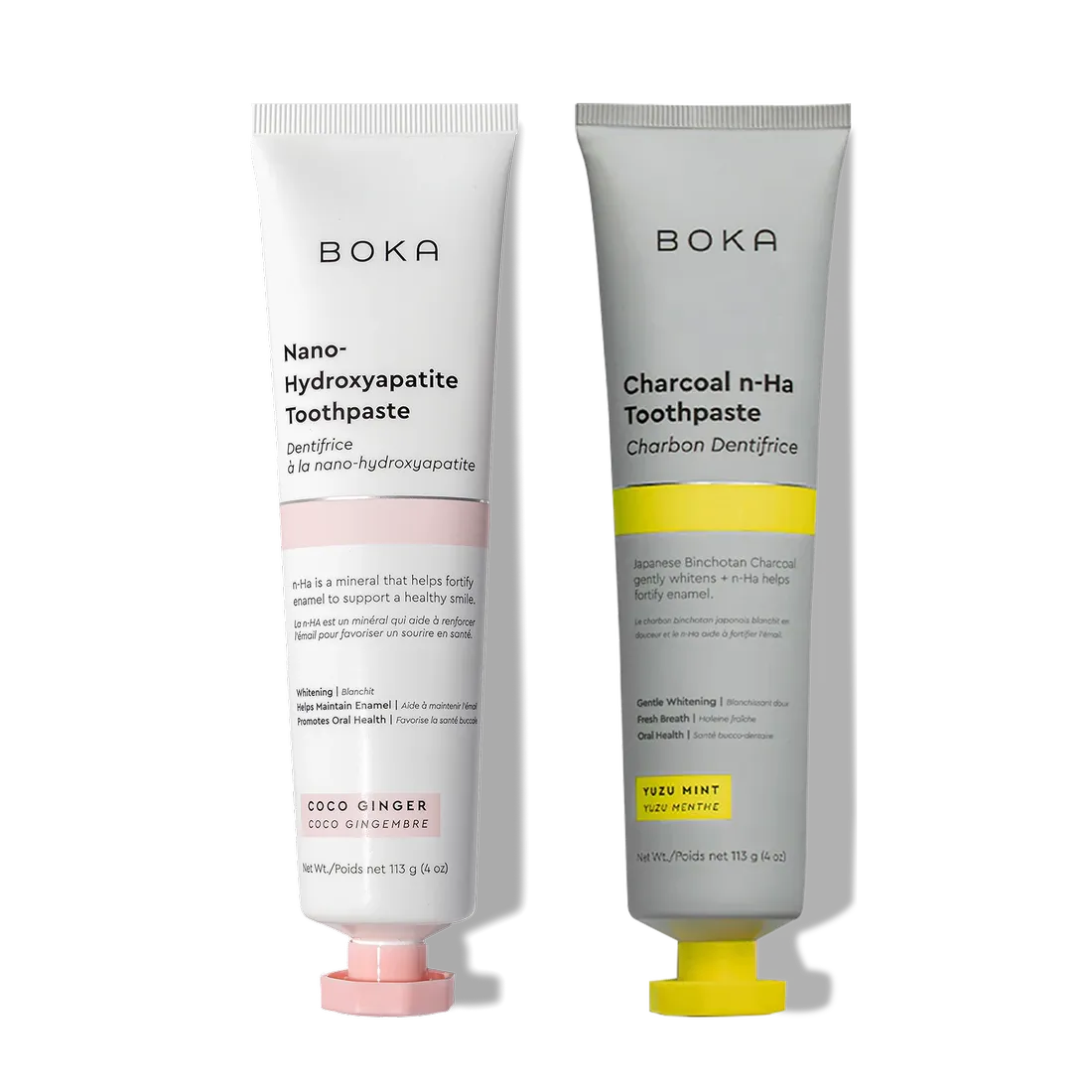 Two n-Ha Toothpaste 2-Pack tubes, designed to remineralize teeth, stand upright.