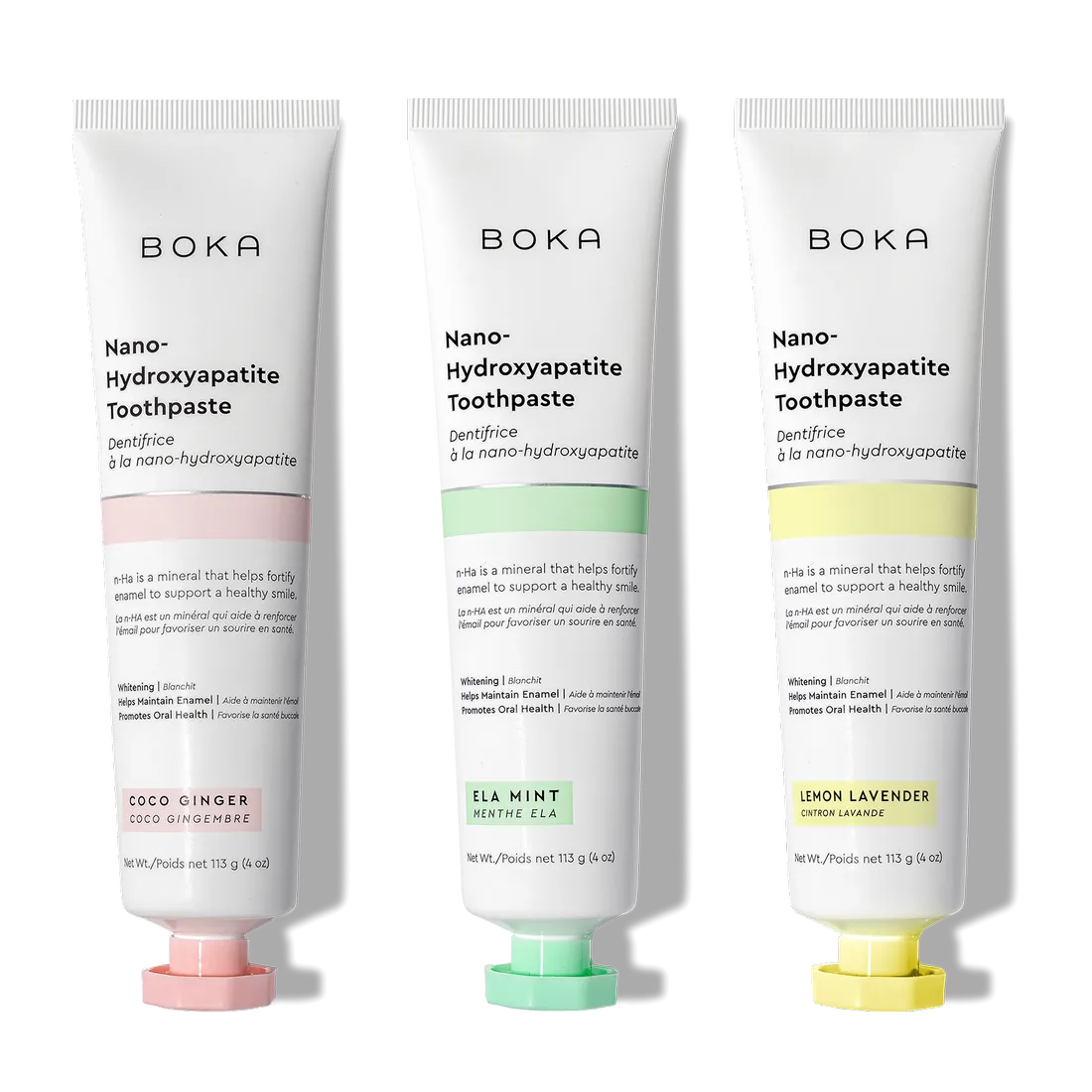 N-Ha Toothpaste 3-Pack: advanced oral care with Coco Ginger, Ela Mint, and Lemon Lavender flavors.