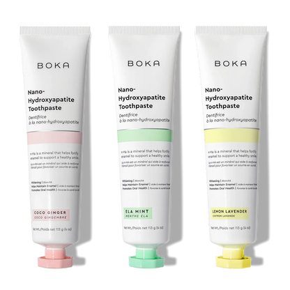 N-Ha Toothpaste 3-Pack: advanced oral care with Coco Ginger, Ela Mint, and Lemon Lavender flavors.