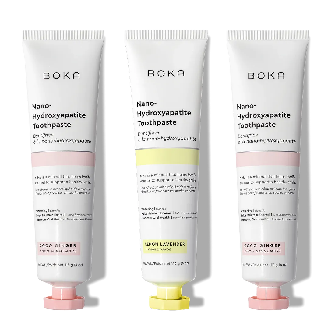 N-Ha Toothpaste 3-Pack: Coco Ginger, Lemon Lavender, and Coco Ginger flavors with nano-hydroxyapatite.