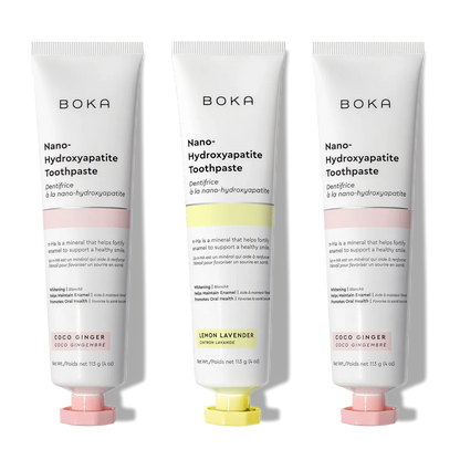 N-Ha Toothpaste 3-Pack: Coco Ginger, Lemon Lavender, and Coco Ginger flavors with nano-hydroxyapatite.