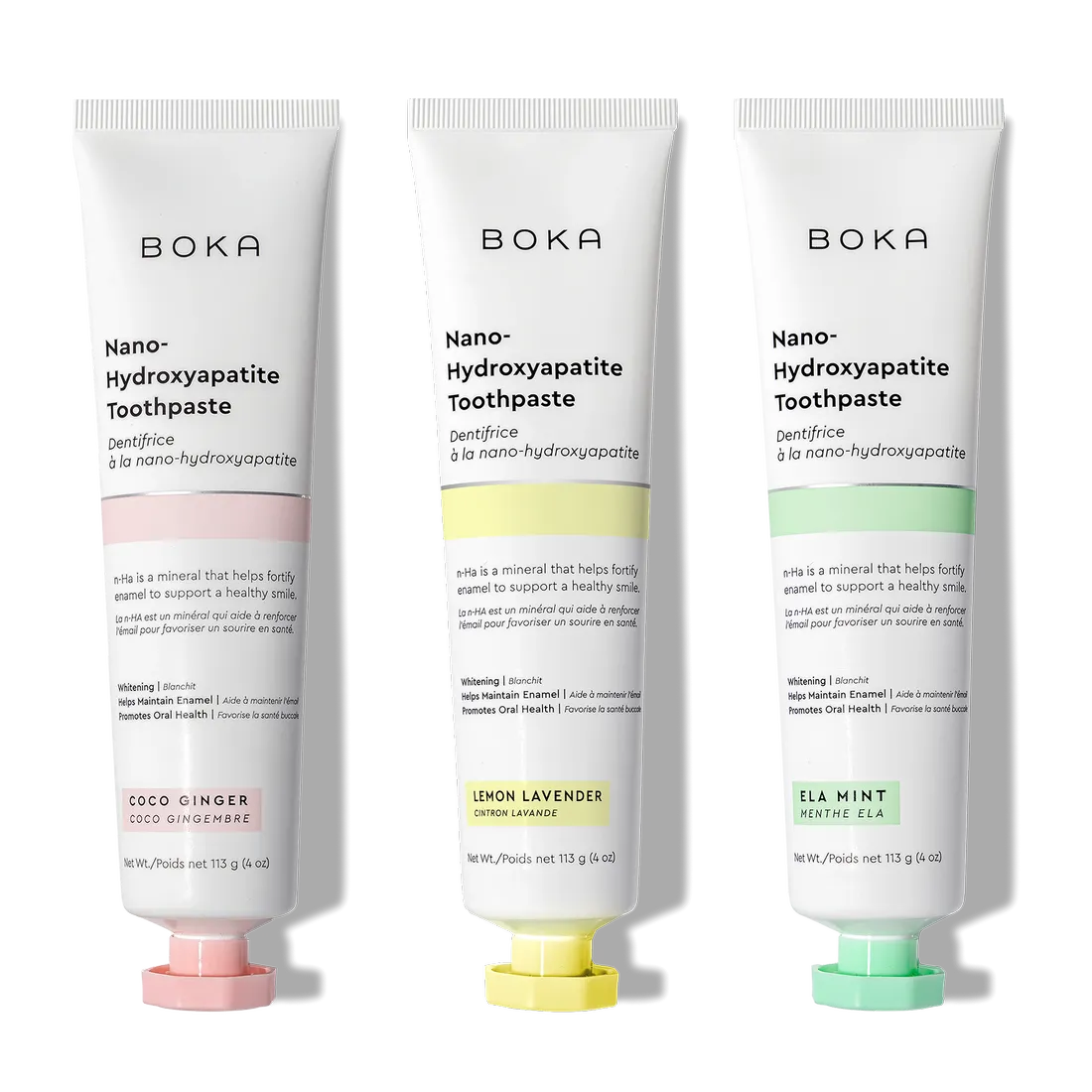 N-Ha Toothpaste 3-Pack: oral care set in pink, yellow, and green—Coco Ginger, Lemon Lavender, Ela Mint.