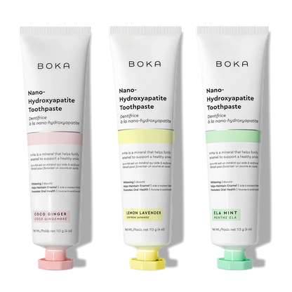 N-Ha Toothpaste 3-Pack: oral care set in pink, yellow, and green—Coco Ginger, Lemon Lavender, Ela Mint.