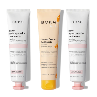 Three n-Ha Toothpaste 3-Pack tubes with nano-hydroxyapatite for advanced oral care.