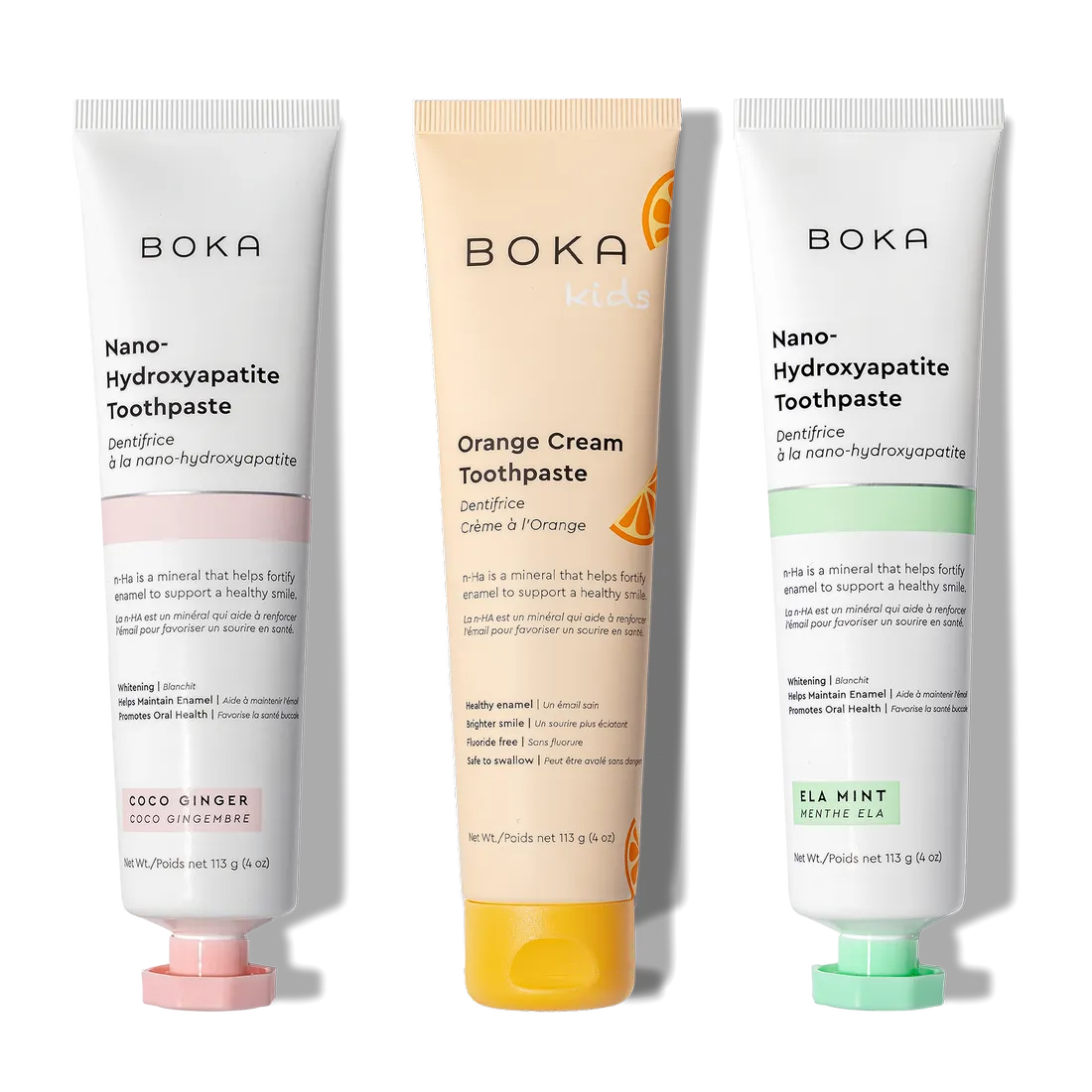 N-Ha Toothpaste 3-Pack: Coco Ginger, Orange Cream, and Ela Mint tubes upright.