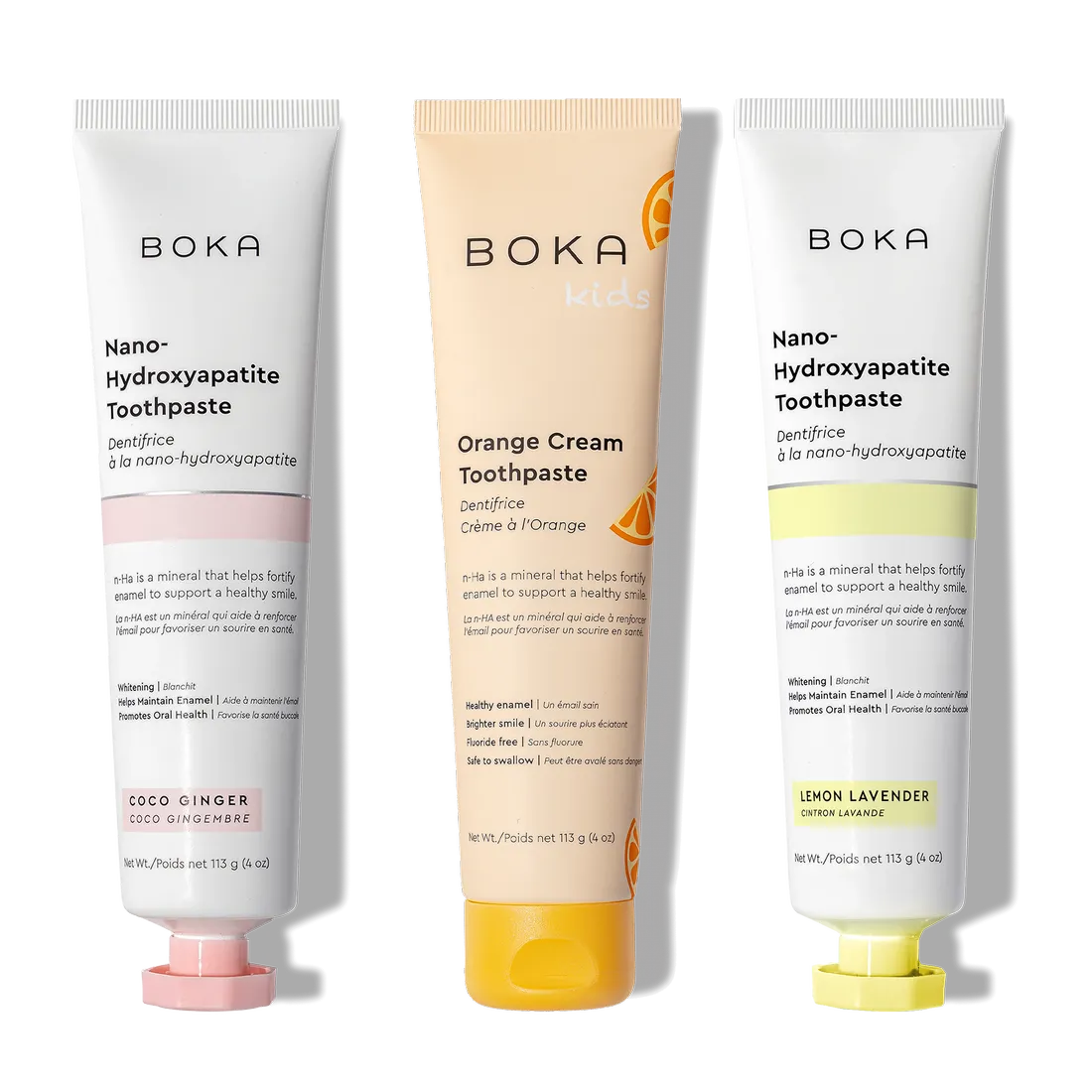 N-Ha Toothpaste 3-Pack in pink, orange, and yellow for advanced oral care with nano-hydroxyapatite.