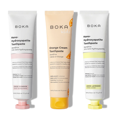 N-Ha Toothpaste 3-Pack in pink, orange, and yellow for advanced oral care with nano-hydroxyapatite.