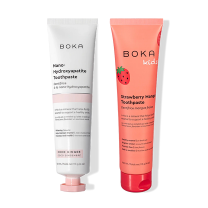 Two upright n-Ha Toothpaste tubes: both use nano-hydroxyapatite to strengthen and remineralize teeth.