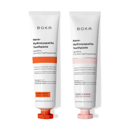 N-Ha Toothpaste 2-Pack: Cinna Mint & Coco Ginger flavors to fortify enamel.
