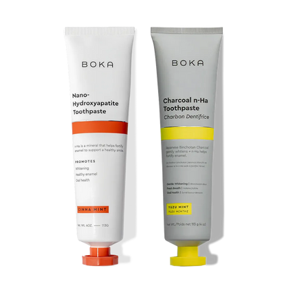 Two n-Ha Toothpaste 2-Pack tubes with nano-hydroxyapatite shown upright on a white background.