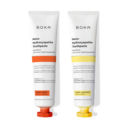 N-Ha Toothpaste 2-Pack: Cinna Mint & Lemon Lavender flavors, both with white caps.