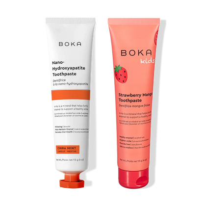 N-Ha Toothpaste 2-Pack: Cinna Mint & Kids Strawberry Mango, both for strong enamel.