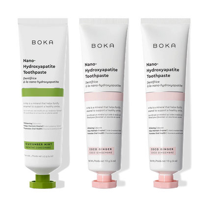 Three n-Ha Toothpaste 3-Pack tubes in cucumber mint and coco ginger flavors stand upright.
