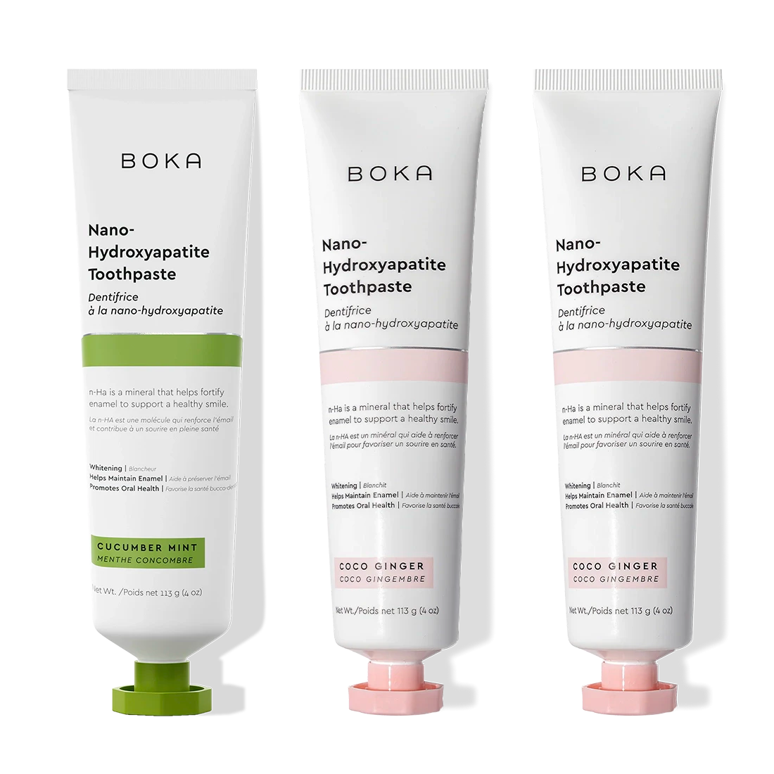 Three n-Ha Toothpaste 3-Pack tubes in cucumber mint and coco ginger flavors stand upright.