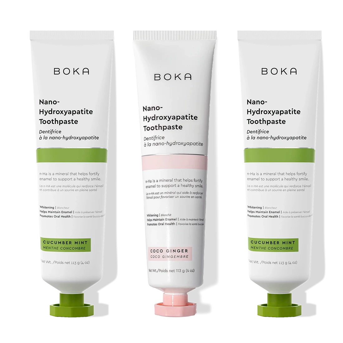 Three n-Ha Toothpaste 3-Pack tubes in unique flavors for advanced oral care, side by side.