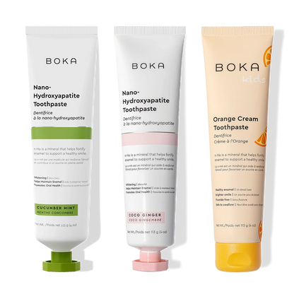 N-Ha Toothpaste 3-Pack with Cucumber Mint, Coco Ginger & Orange Cream flavors.