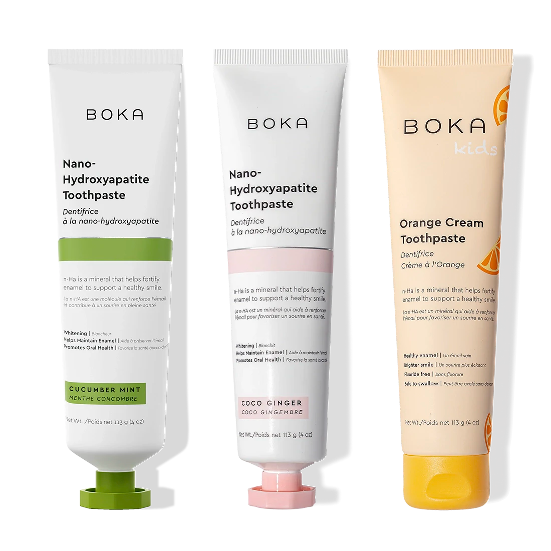 N-Ha Toothpaste 3-Pack with Cucumber Mint, Coco Ginger & Orange Cream flavors.