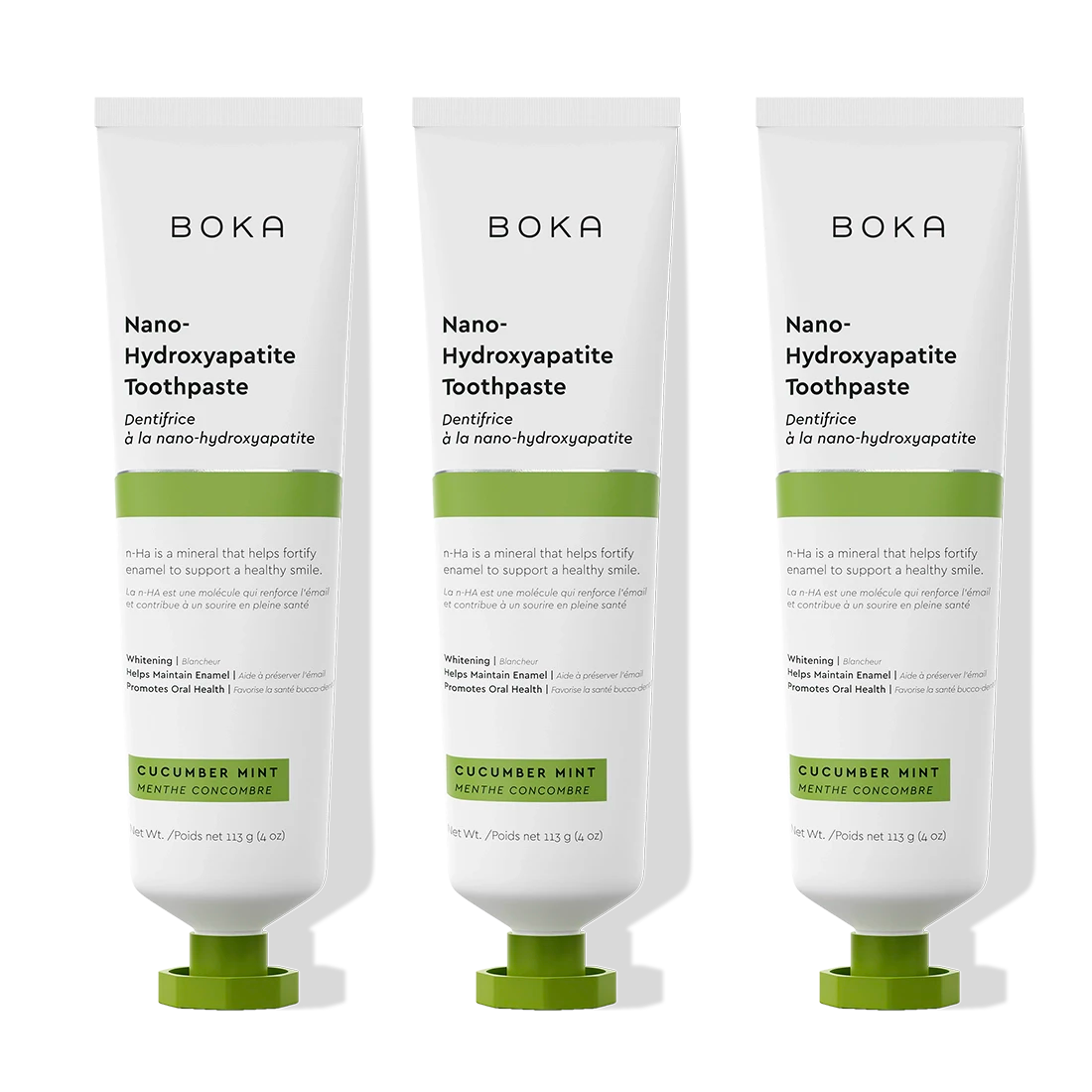 Three tubes of n-Ha Toothpaste 3-Pack in refreshing cucumber mint flavor for complete oral care.