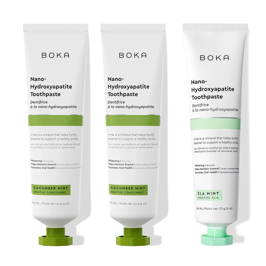 N-Ha Toothpaste 3-Pack: three tubes in Cucumber Mint & Ela Mint flavors.
