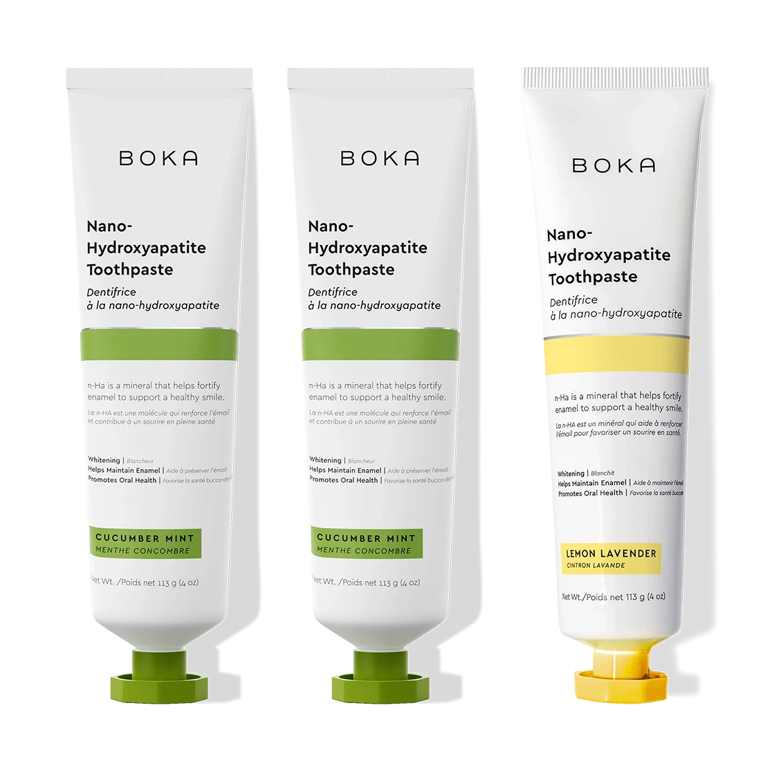 N-Ha Toothpaste 3-Pack: three tubes in cucumber mint and lemon lavender flavors.