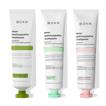 Three n-Ha Toothpaste 3-Pack tubes in unique flavors for oral care, standing upright.