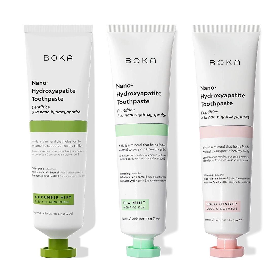 Three n-Ha Toothpaste 3-Pack tubes in unique flavors for oral care, standing upright.