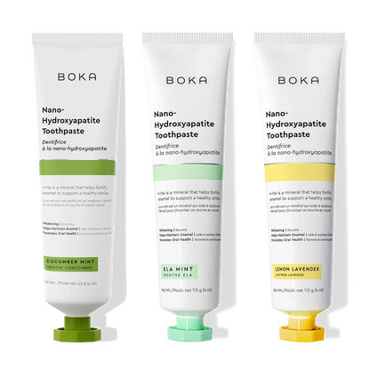 N-Ha Toothpaste 3-Pack: Cucumber Mint, Ela Mint & Lemon Lavender flavors for modern oral care.