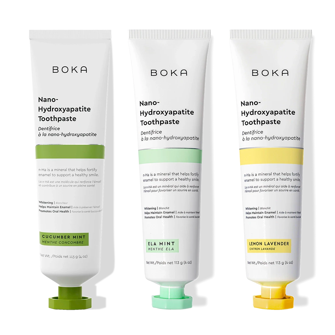 N-Ha Toothpaste 3-Pack: Cucumber Mint, Ela Mint & Lemon Lavender flavors for modern oral care.