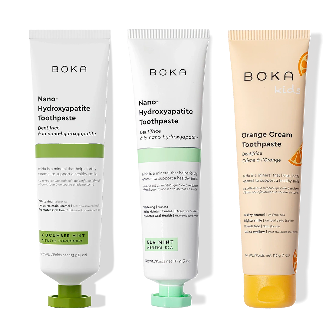 Boka n-Ha Toothpaste 3-Pack: Cucumber Mint, Ela Mint & Kids Orange Cream varieties.