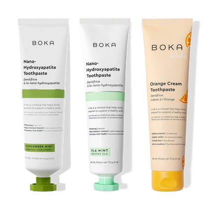 Boka n-Ha Toothpaste 3-Pack: Cucumber Mint, Ela Mint & Kids Orange Cream varieties.