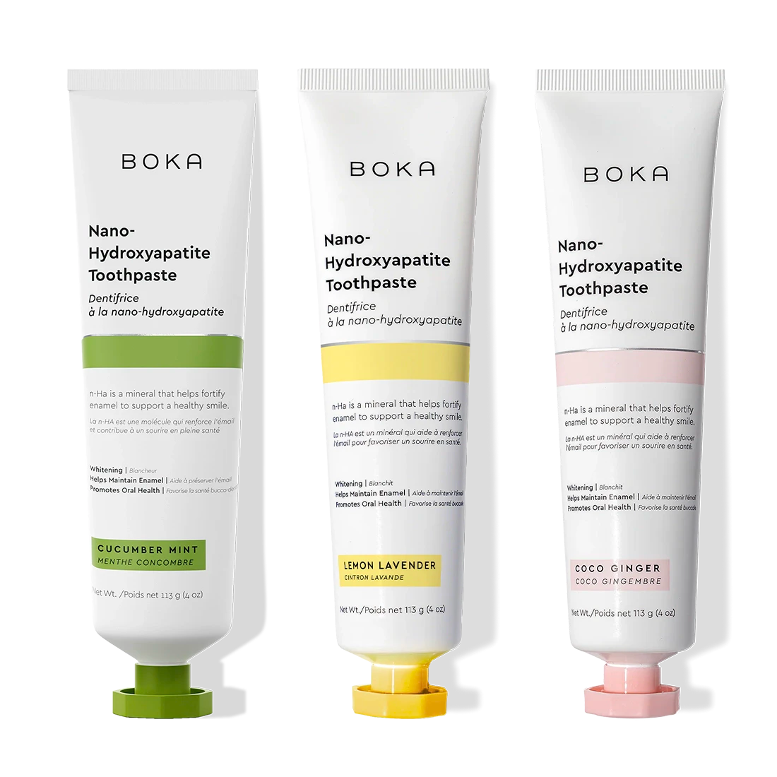 Three n-Ha Toothpaste 3-Pack tubes in unique flavors, standing upright for oral care.