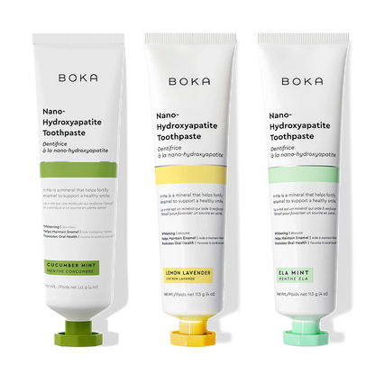 N-Ha Toothpaste 3-Pack: cucumber mint, lemon lavender, and ela mint flavors.