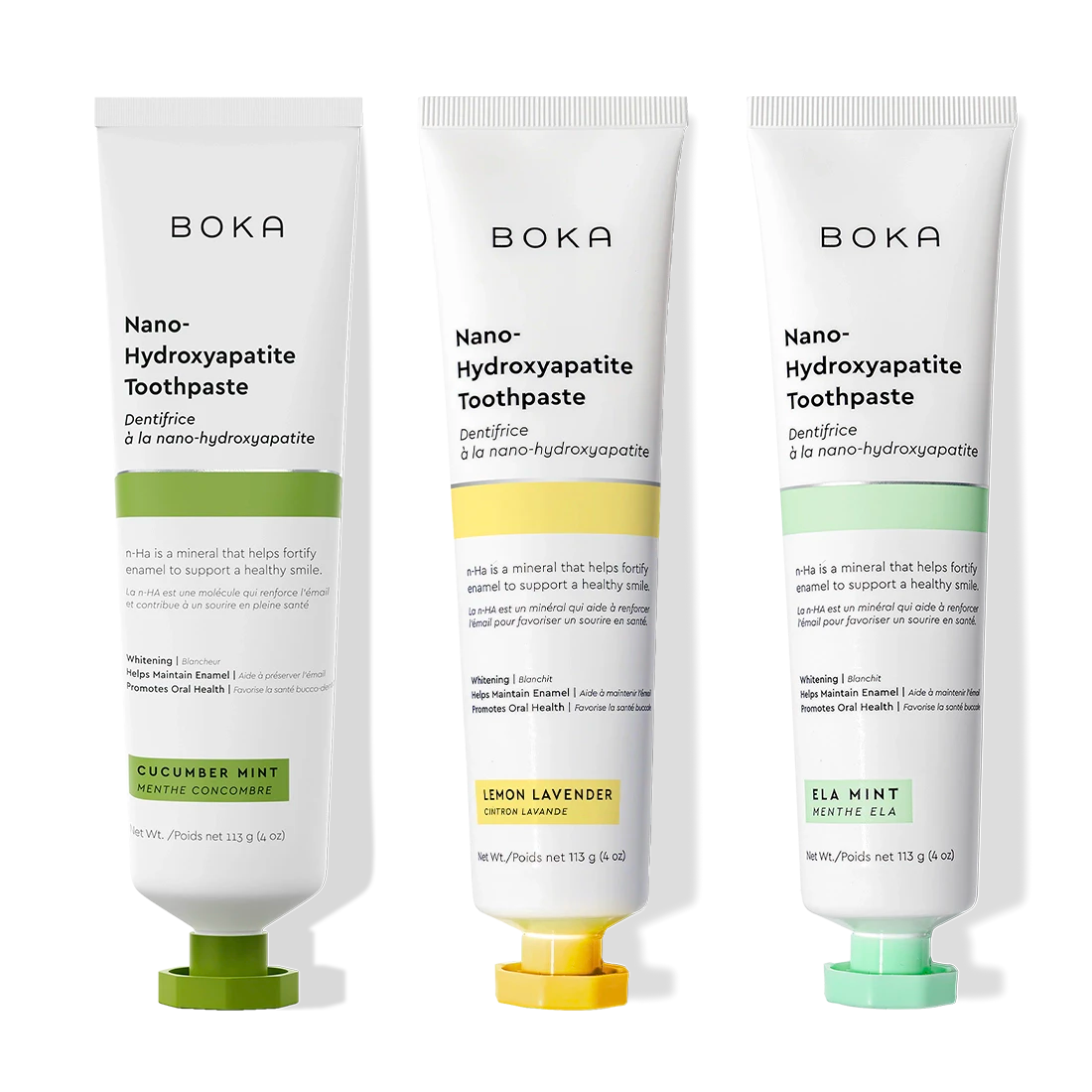 N-Ha Toothpaste 3-Pack: cucumber mint, lemon lavender, and ela mint flavors.