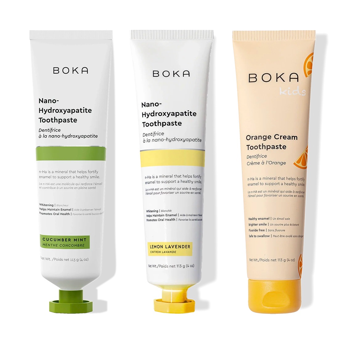 N-Ha Toothpaste 3-Pack: Kids nano-hydroxyapatite toothpaste in Cucumber Mint, Lemon Lavender & Orange Cream.