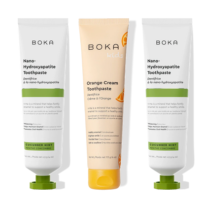 N-Ha Toothpaste 3-Pack: kids’ orange cream & cucumber mint flavors.