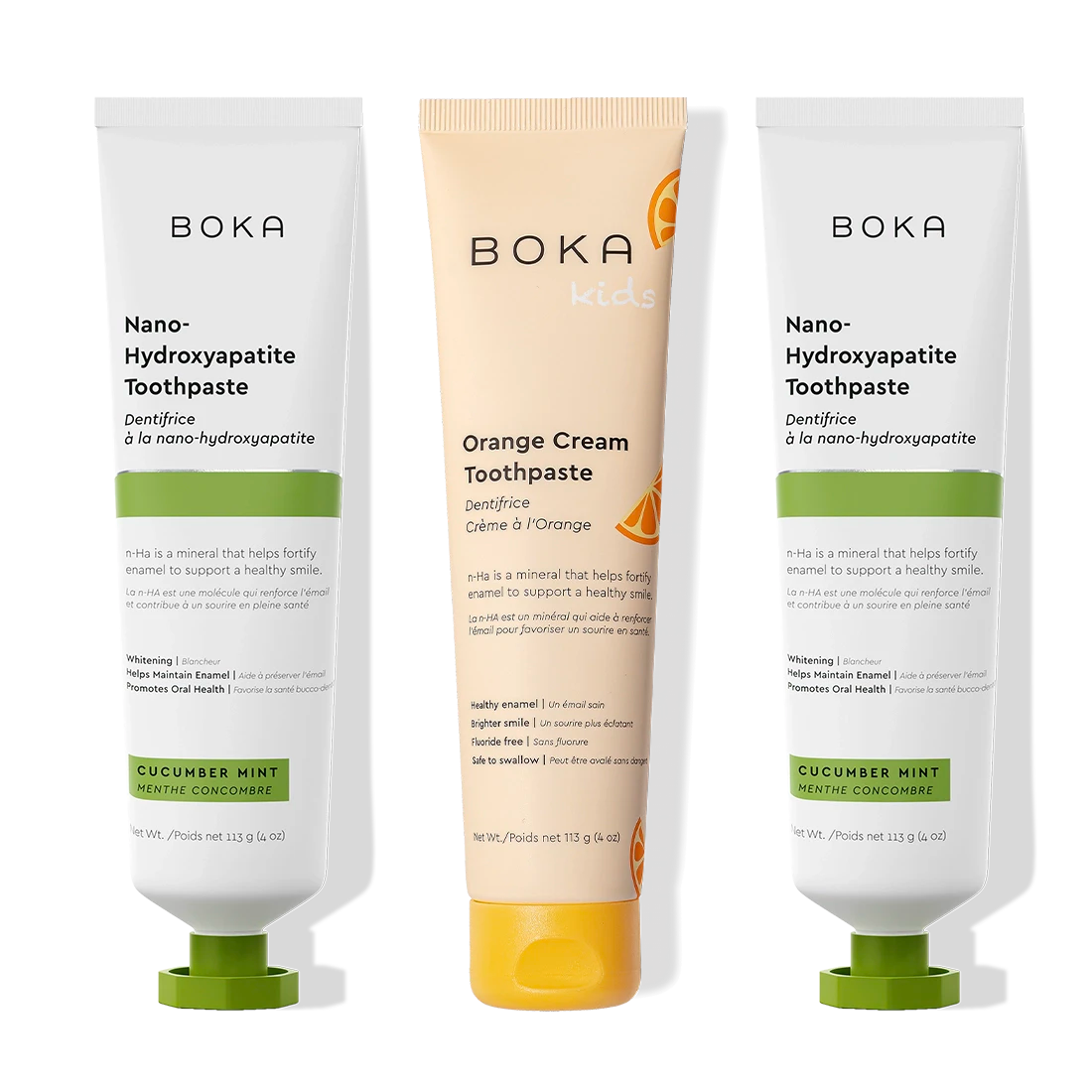 N-Ha Toothpaste 3-Pack: kids’ orange cream & cucumber mint flavors.