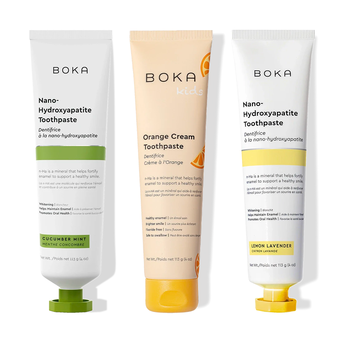 N-Ha Toothpaste 3-Pack: Cucumber Mint, Orange Cream, and Lemon Lavender flavors.