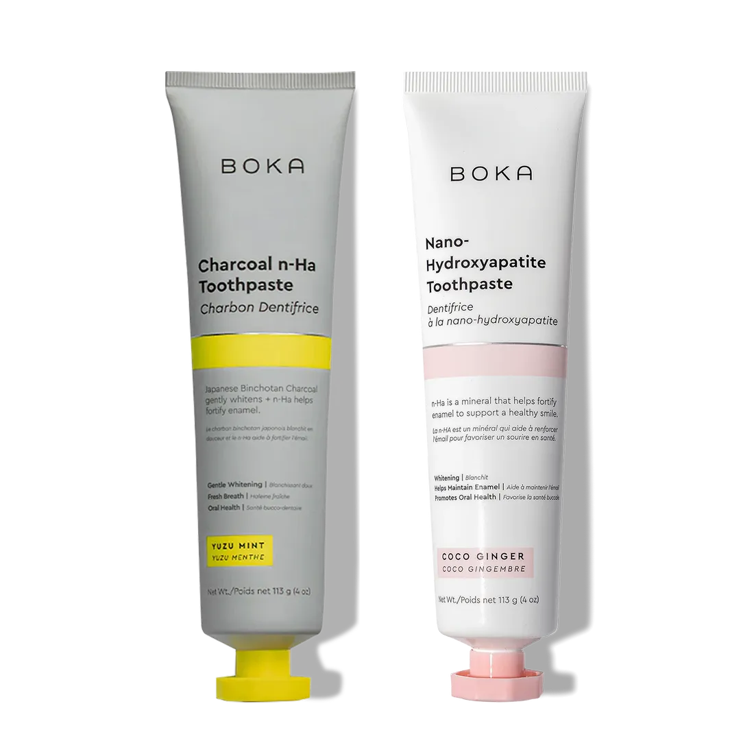 N-Ha Toothpaste 2-Pack: Includes Charcoal (gray) and Nano-Hydroxyapatite (pink) to fortify enamel.