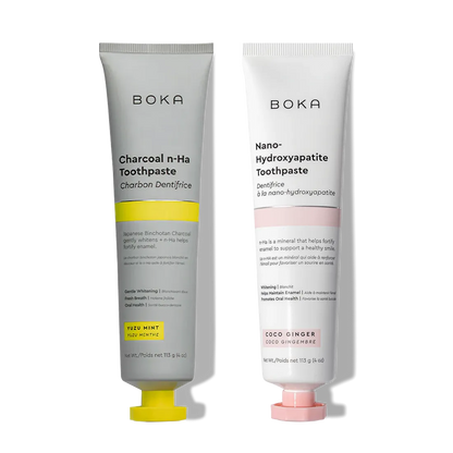 N-Ha Toothpaste 2-Pack: Includes Charcoal (gray) and Nano-Hydroxyapatite (pink) to fortify enamel.