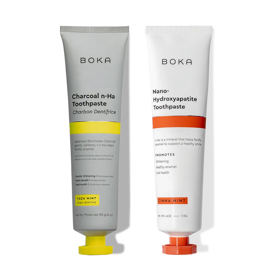 N-Ha Toothpaste 2-Pack: gray (Charcoal) and white with nano-hydroxyapatite to remineralize teeth.