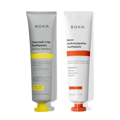 N-Ha Toothpaste 2-Pack: gray (Charcoal) and white with nano-hydroxyapatite to remineralize teeth.