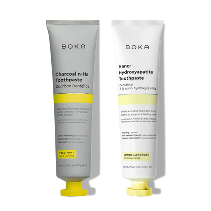 The n-Ha Toothpaste 2-Pack stands upright to strengthen enamel with nano-hydroxyapatite power.