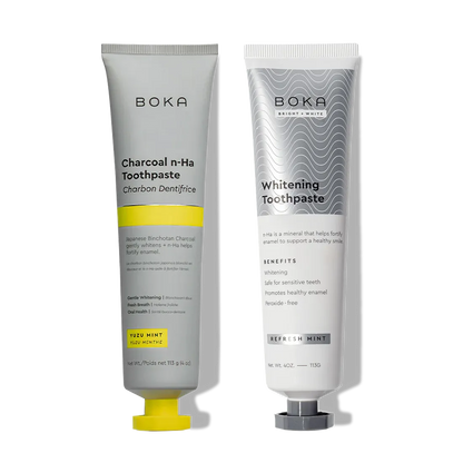 N-Ha Toothpaste 2-Pack with nano-hydroxyapatite to fortify enamel in sleek gray tubes.