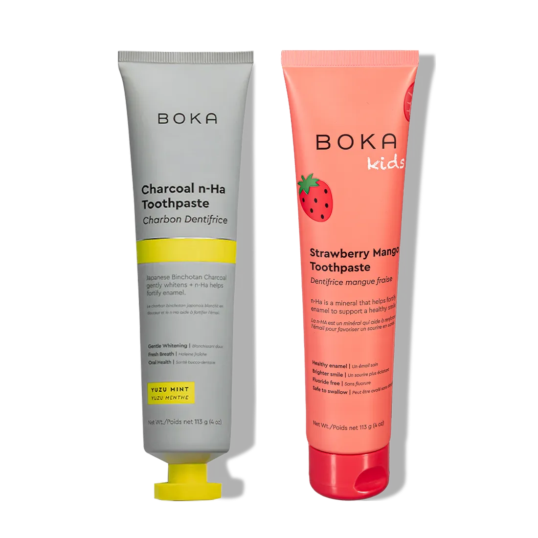Two upright n-Ha Toothpaste tubes feature nano-hydroxyapatite to strengthen enamel.